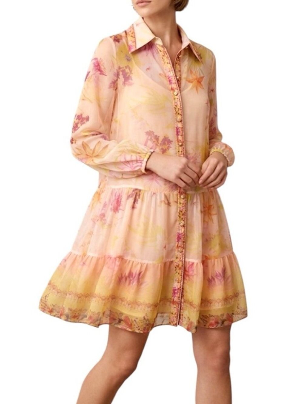 Hausen Floral Print Sheet Tiered Colorful Floral Boho Resortwear Shirt Dress XS